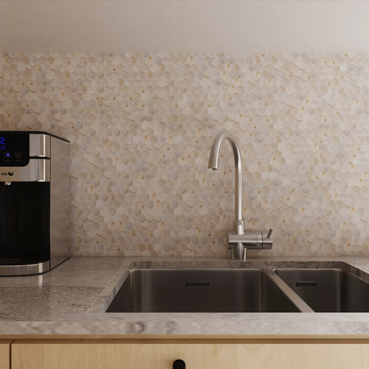 Calacatta Amber Tumbled Marble Hexagon Mosaic Tile Bathroom Installation