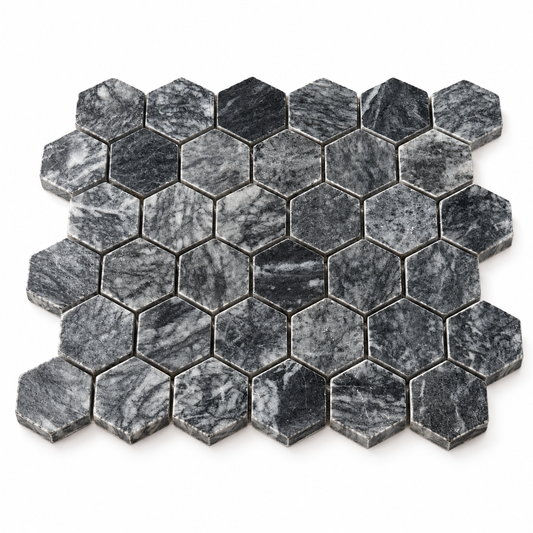 Platinum Black Polished Marble Hexagon Mosaic Tiles — angled sheet showing stone edges and mesh backing