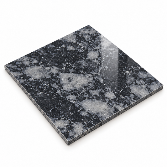 Platinum Black Polished Marble Wall & Floor Tiles: angled view showing the marble face and raw sawn edges