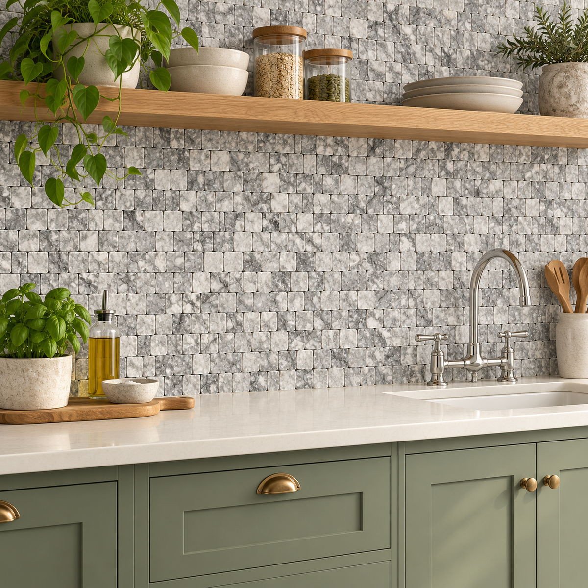 Platinum Grey Honed Marble Rustic Edge Square Mosaic Tile — natural stone mosaic kitchen splashback