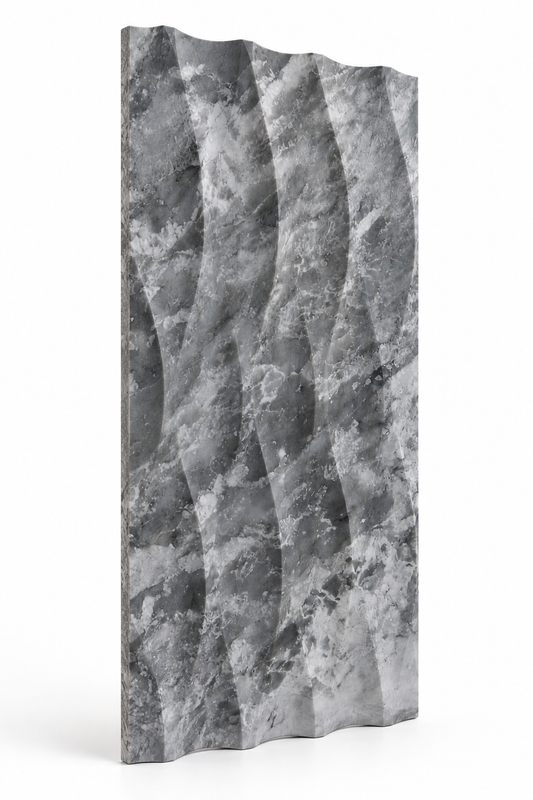 Platinum Grey Wave Marble Tile (305 mm x 610 mm): angled view showing the marble face and raw sawn edges
