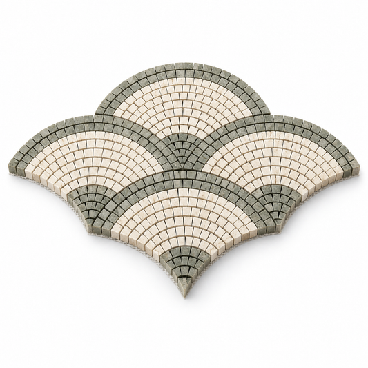 Rustic Green - Creamy Beige Outline Fan / Scallop Honed Limestone Mosaic Tile — angled sheet showing natural stone edges and mesh backing