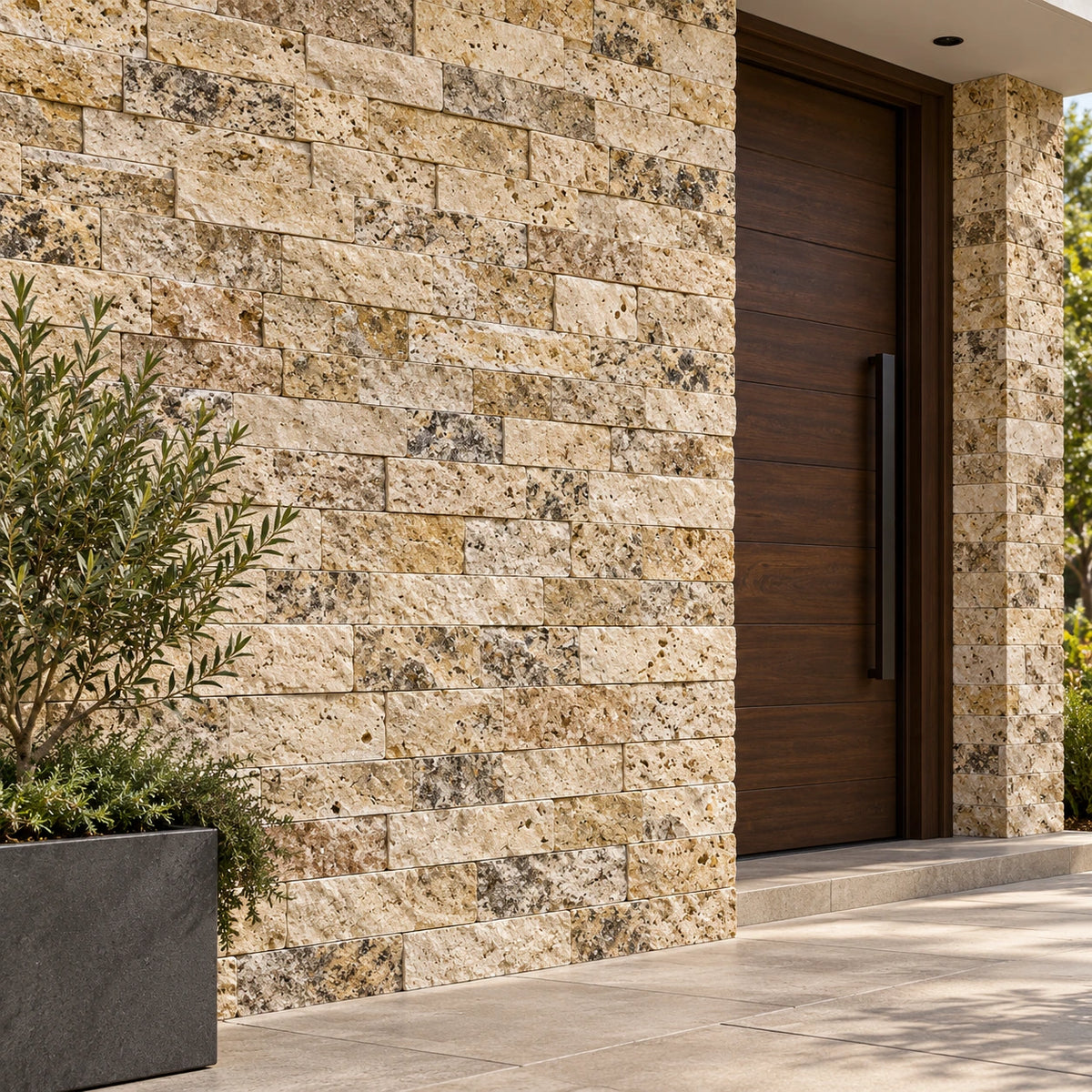 Scabos Travertine split face wall cladding beside a dark timber door and planter in an exterior entrance visualisation.