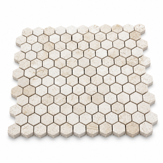 Shellstone Limestone Brushed Hexagon Mosaic Tiles 23x23 — angled sheet showing natural stone edges and mesh backing