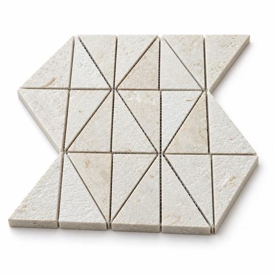 Shellstone Brushed Limestone Triangle Mosaic Tiles — angled sheet showing natural stone edges and mesh backing