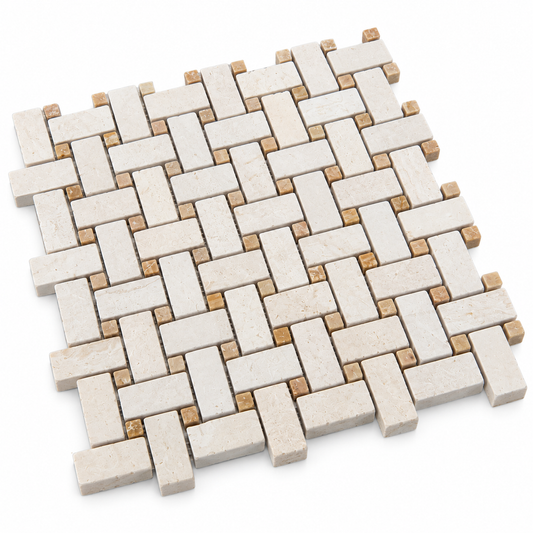 Shellstone Honed Limestone Basket Weave Mosaic Tile — angled sheet showing natural stone edges and mesh backing