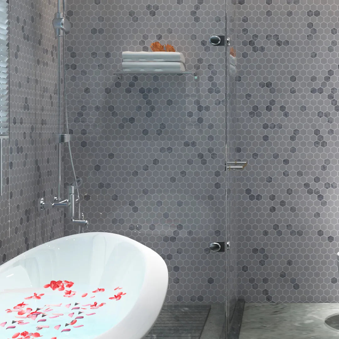 1 Inch Hexagon Mugla White-Silver Honed Marble Mosaic Tiles
