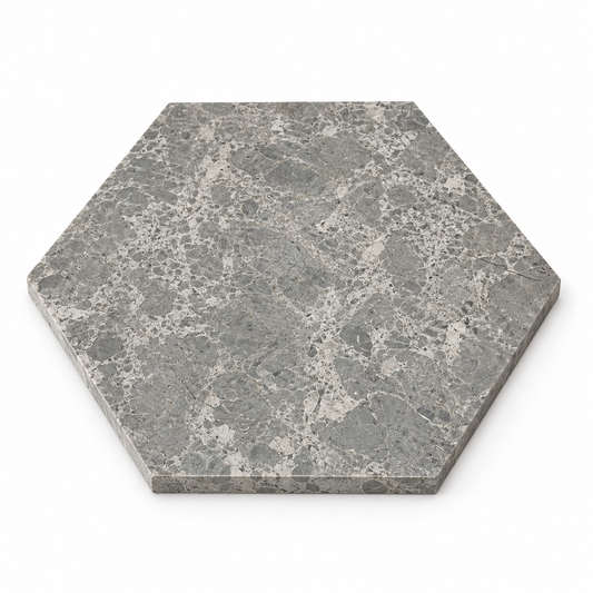 Silver Shadow Honed Hexagon Marble Wall & Floor Tiles: angled view showing the stone face and raw sawn edges