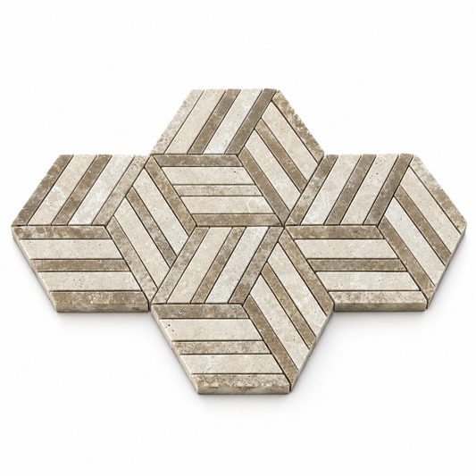 Split Hexagon Classic and Noche Travertine Honed Mosaic Tile — angled sheet showing natural stone edges and mesh backing