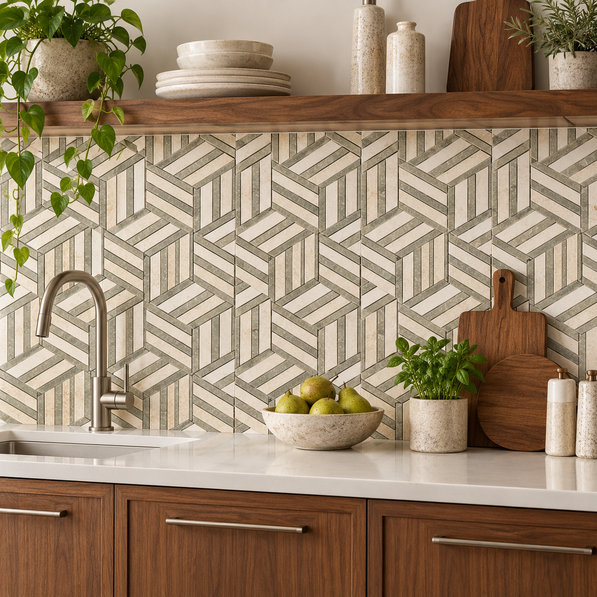 Split Hexagon Honed Creamy Beige - Rustic Green Limestone Mosaic Tile — natural stone mosaic kitchen splashback