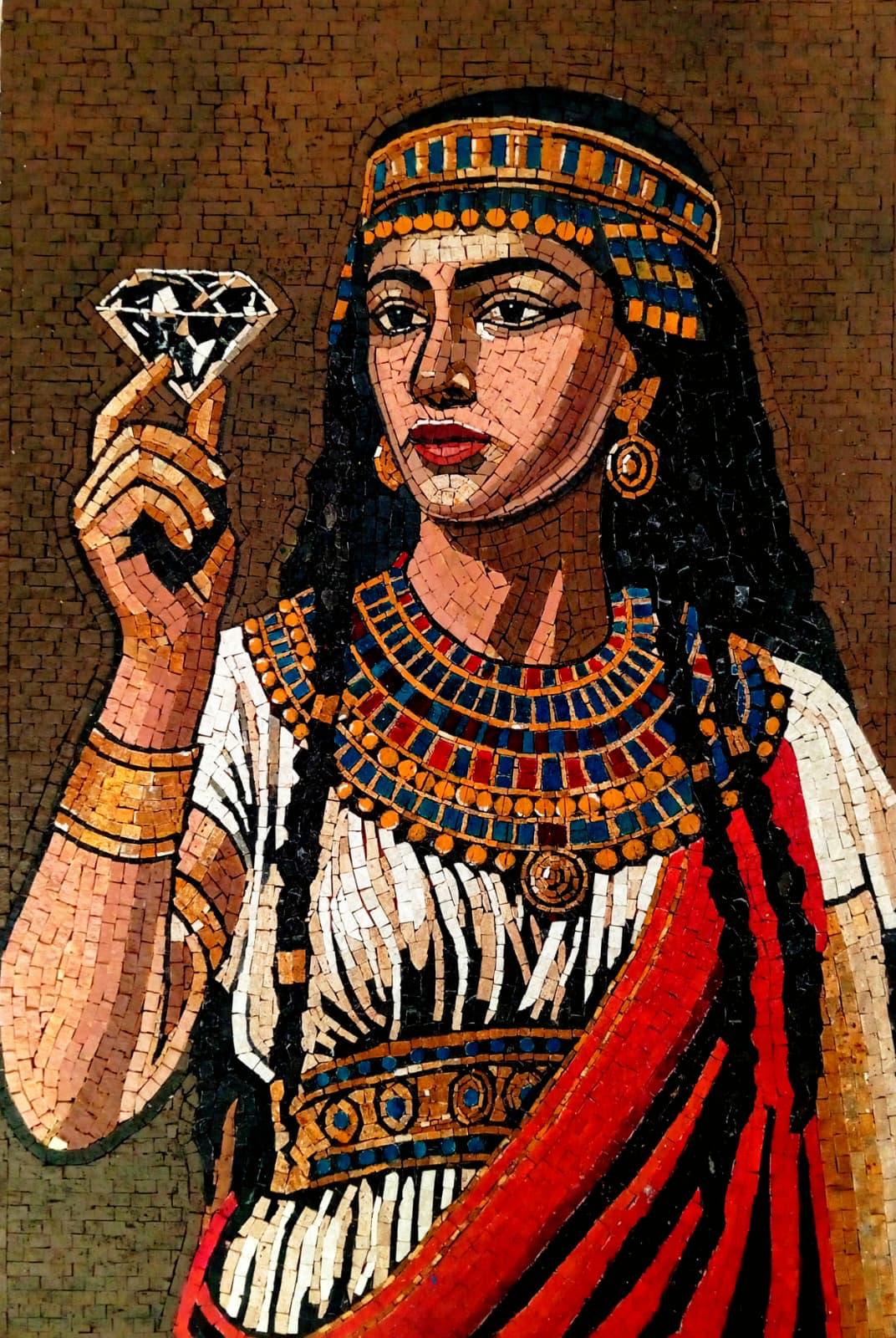 The Jewel of Alexandria mosaic art panel showing a woman holding a faceted jewel, blue and gold jewellery and a red sash