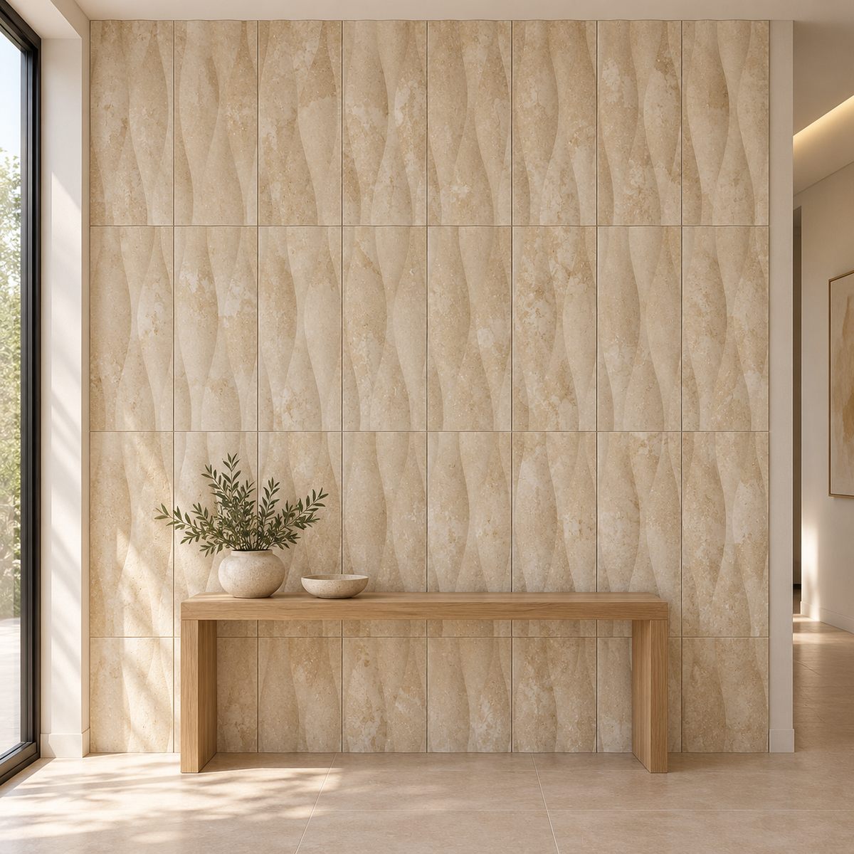 Travertine Wave Decor Natural Stone Tile (305 mm x 610 mm): installed on an entrance hallway accent wall