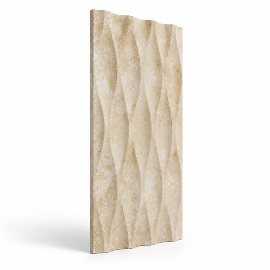 Travertine Wave Decor Natural Stone Tile (305 mm x 610 mm): angled view showing the carved face and thin raw sawn edges