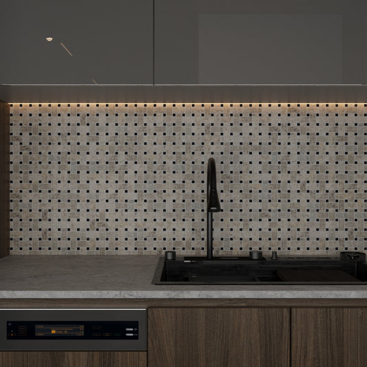 Silver Shadow Polished Marble Basket Weave Mosaic Tile Bathroom Installation