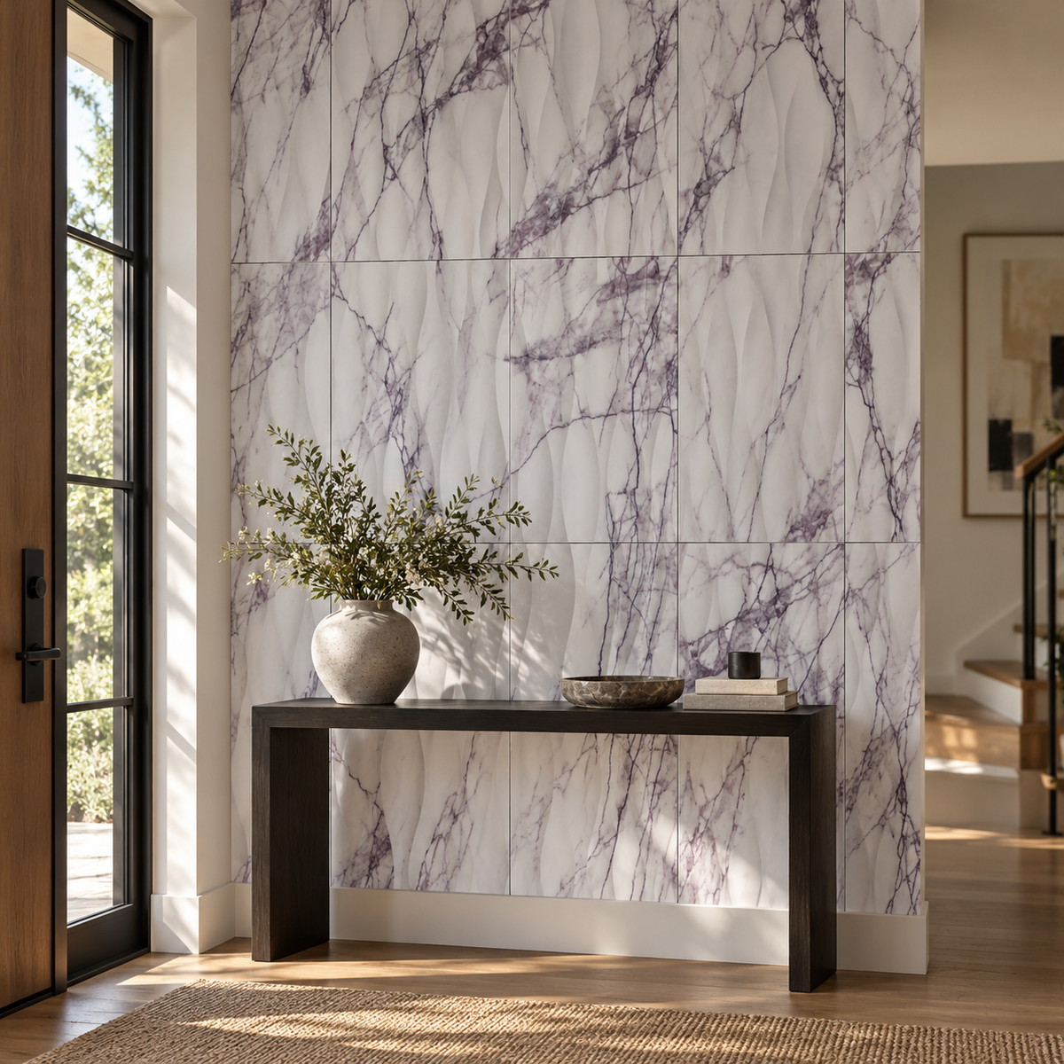 Calacatta Viola Wave Marble Tile: installed on an entrance accent wall
