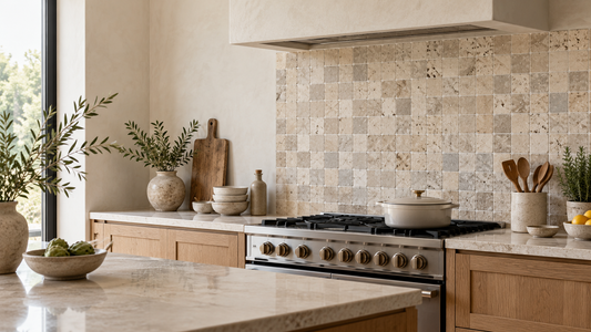 Warm limestone mosaic tile splashback in a contemporary UK kitchen