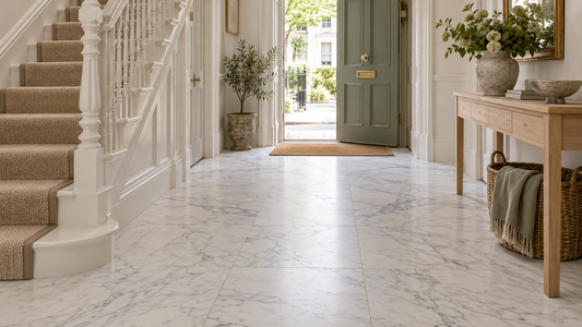 Honed Carrara marble floor tiles in an elegant British entrance hall