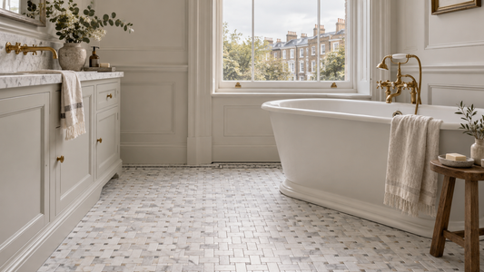 Honed white marble basket weave mosaic floor in a refined UK bathroom