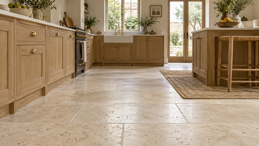 Honed travertine floor tiles in a warm UK kitchen