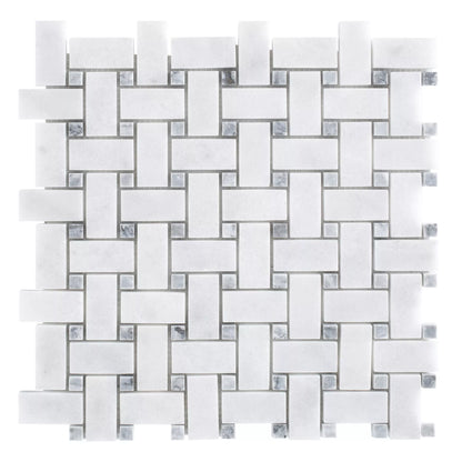 Carrara White - Platinum Grey Polished Marble Basket Weave Mosaic Tiles