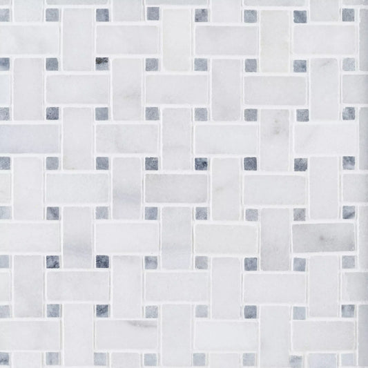 Carrara White - Platinum Grey Polished Marble Basket Weave Mosaic Tiles