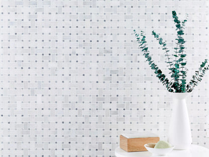 Carrara White - Platinum Grey Polished Marble Basket Weave Mosaic Tiles