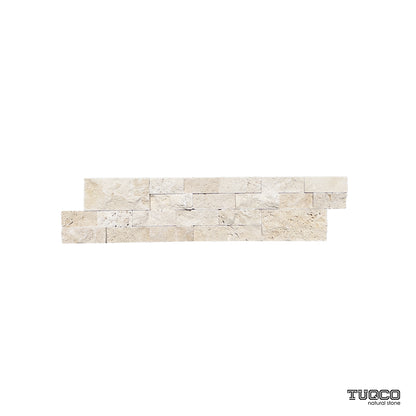 Light travertine split face ledger panel with cream and beige stone strips on a white background