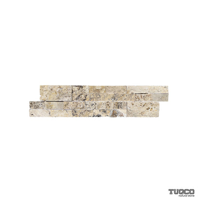 Scabos travertine split face ledger panel with mixed gold, brown and grey stone strips