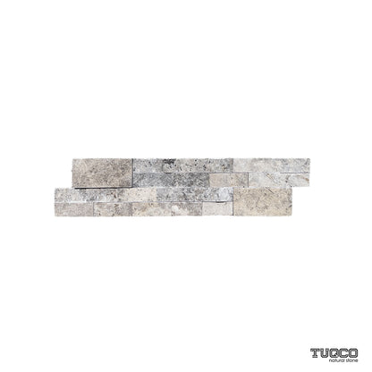Silver travertine split face ledger panel with grey and beige stone strips on a white background