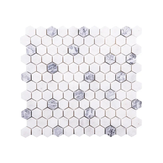 1 Inch Hexagon Mugla White-Silver Honed Marble Mosaic Tiles