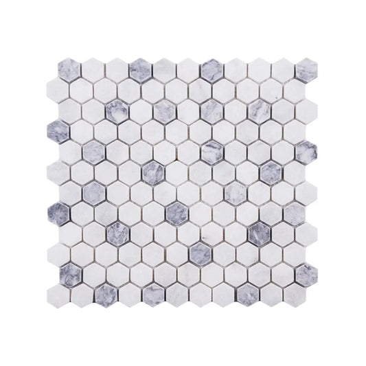 1 Inch Hexagon Mugla White-Silver Tumbled Marble Mosaic Tiles