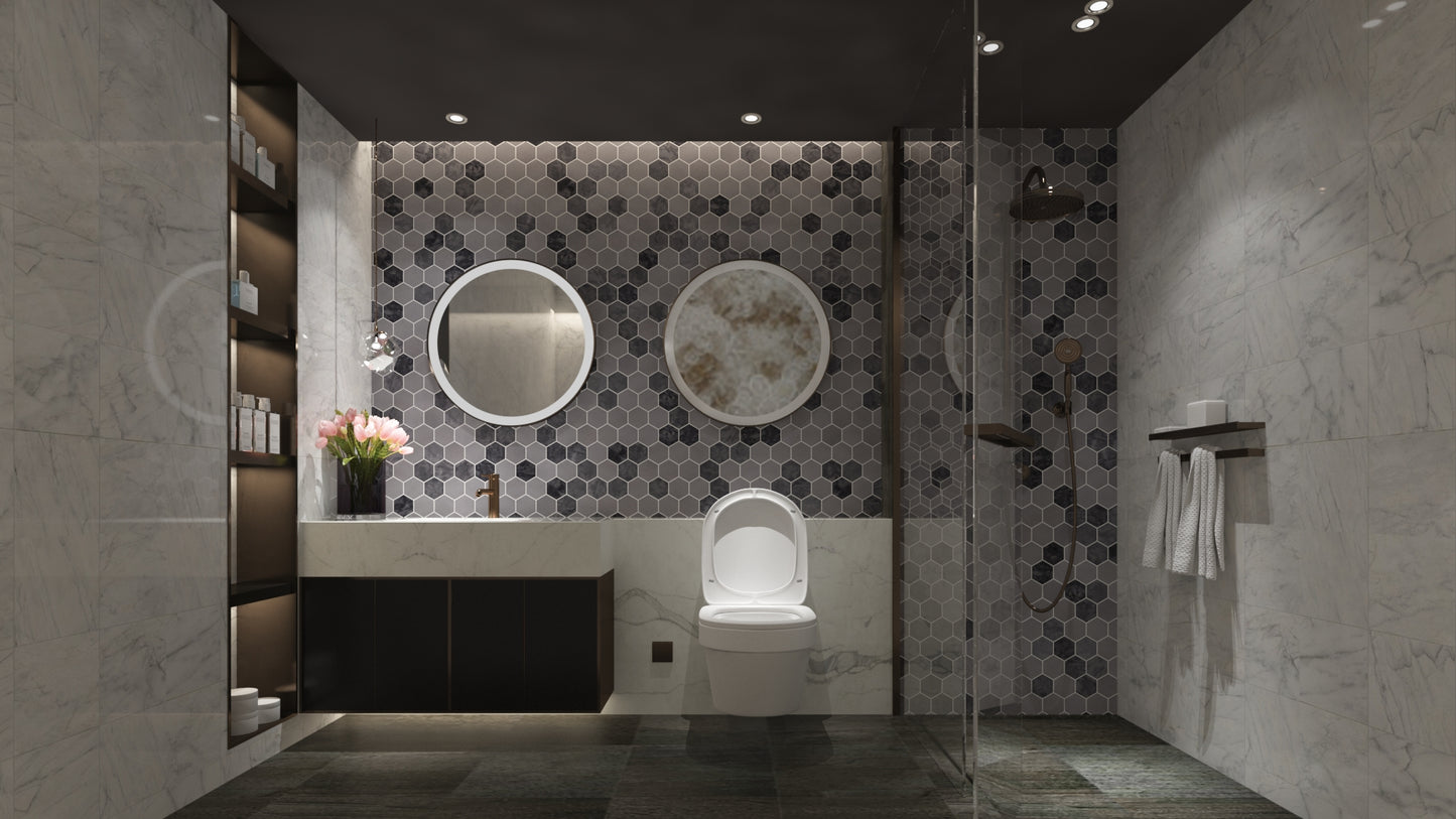 Carrara White - Platinum Grey Honed Marble Hexagon Mosaic Tiles