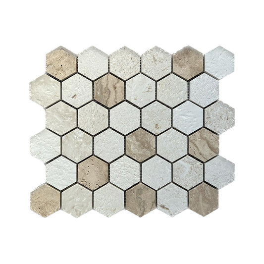 2 Inch Hexagon Fossil-Valencia Brushed Travertine Mosaic Tile