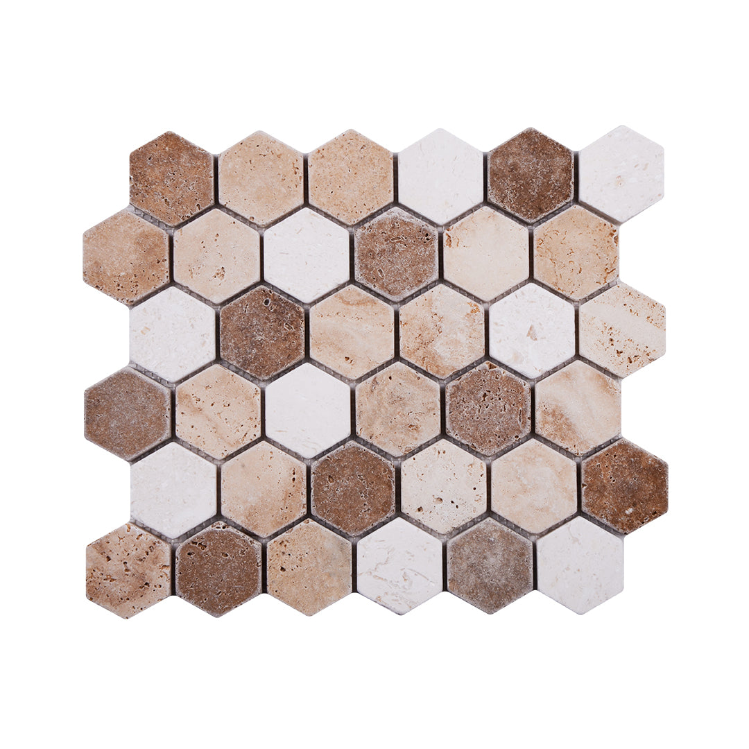 2 Inch Hexagon Mix Tumbled Travertine Mosaic Tiles