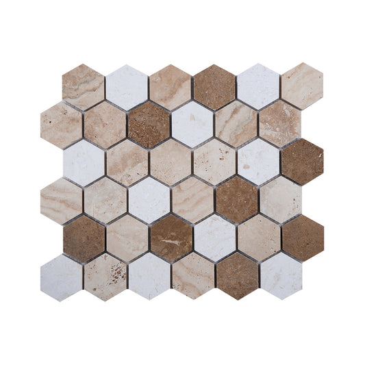 2 Inch Hexagon Mix Honed Travertine Mosaic Tiles