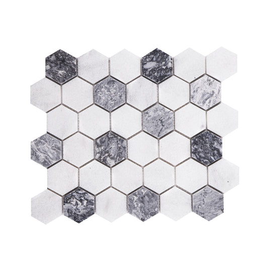 2 Inch Hexagon Mugla White-Silver Honed Marble Mosaic Tiles