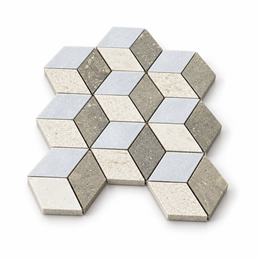 3D Cube Rhombus Honed Marble Mosaic Tile: angled sheet view showing stone edges and thickness