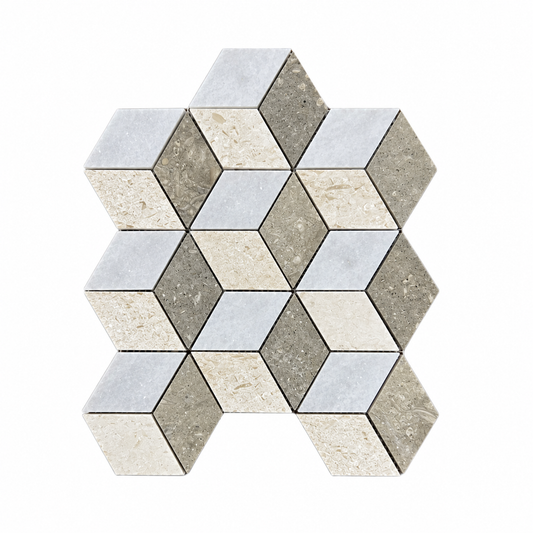 3D Cube Rhombus Honed Marble Mosaic Tile: front view of one complete mesh-mounted sheet