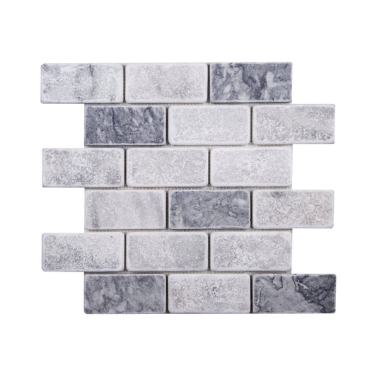 5x10 cm Brick Mugla White-Silver Tumbled Marble Mosaic Tiles