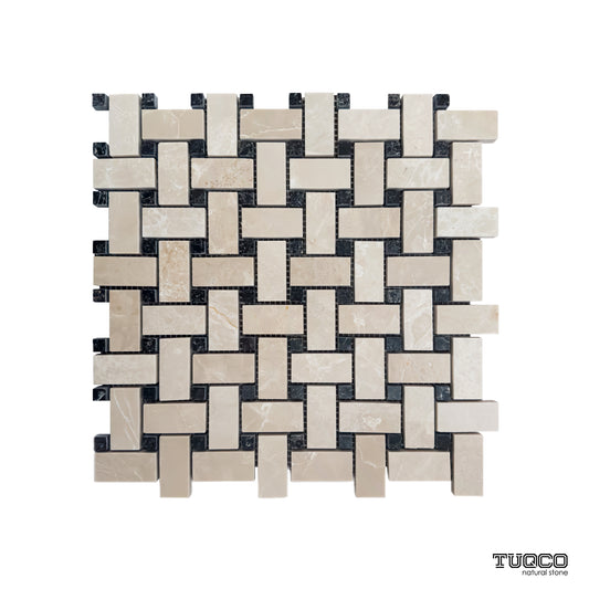Basket Weave Beige Polished Marble Mosaic Tile