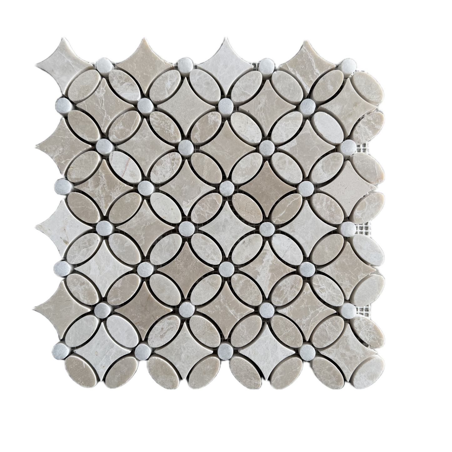 Mosaic tile with a geometric pattern on a white background