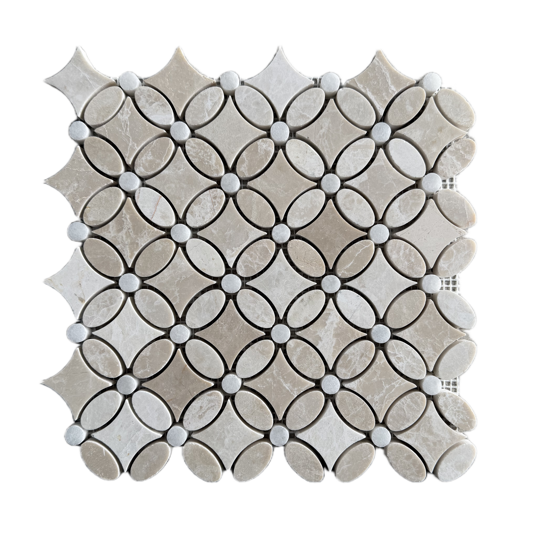Mosaic tile with a geometric pattern on a white background