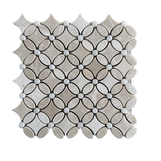 Mosaic tile with a geometric pattern on a white background