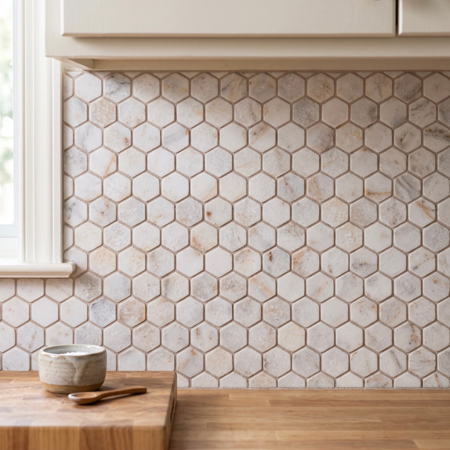 Calacatta Sugar Tumbled Marble Hexagon Mosaic Tiles 48x48