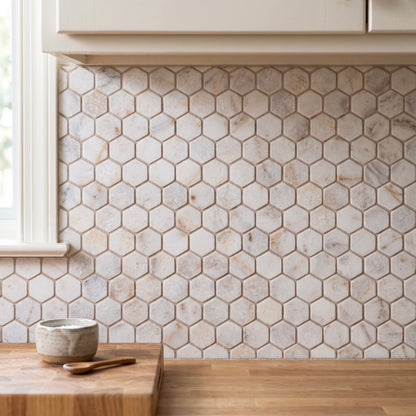 Calacatta Sugar Tumbled Marble Hexagon Mosaic Tiles 48x48