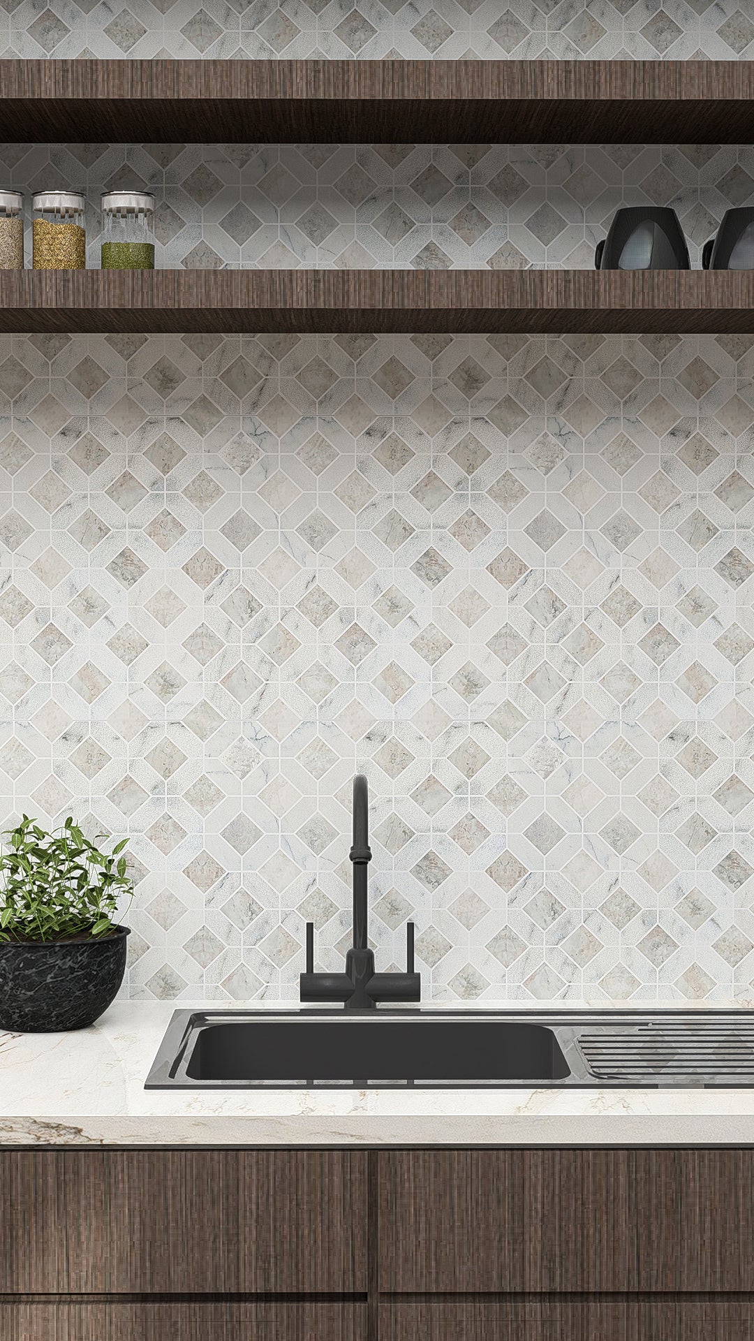 Close-up of Carrara White - Nimbus Honed Marble Window Mosaic Tiles