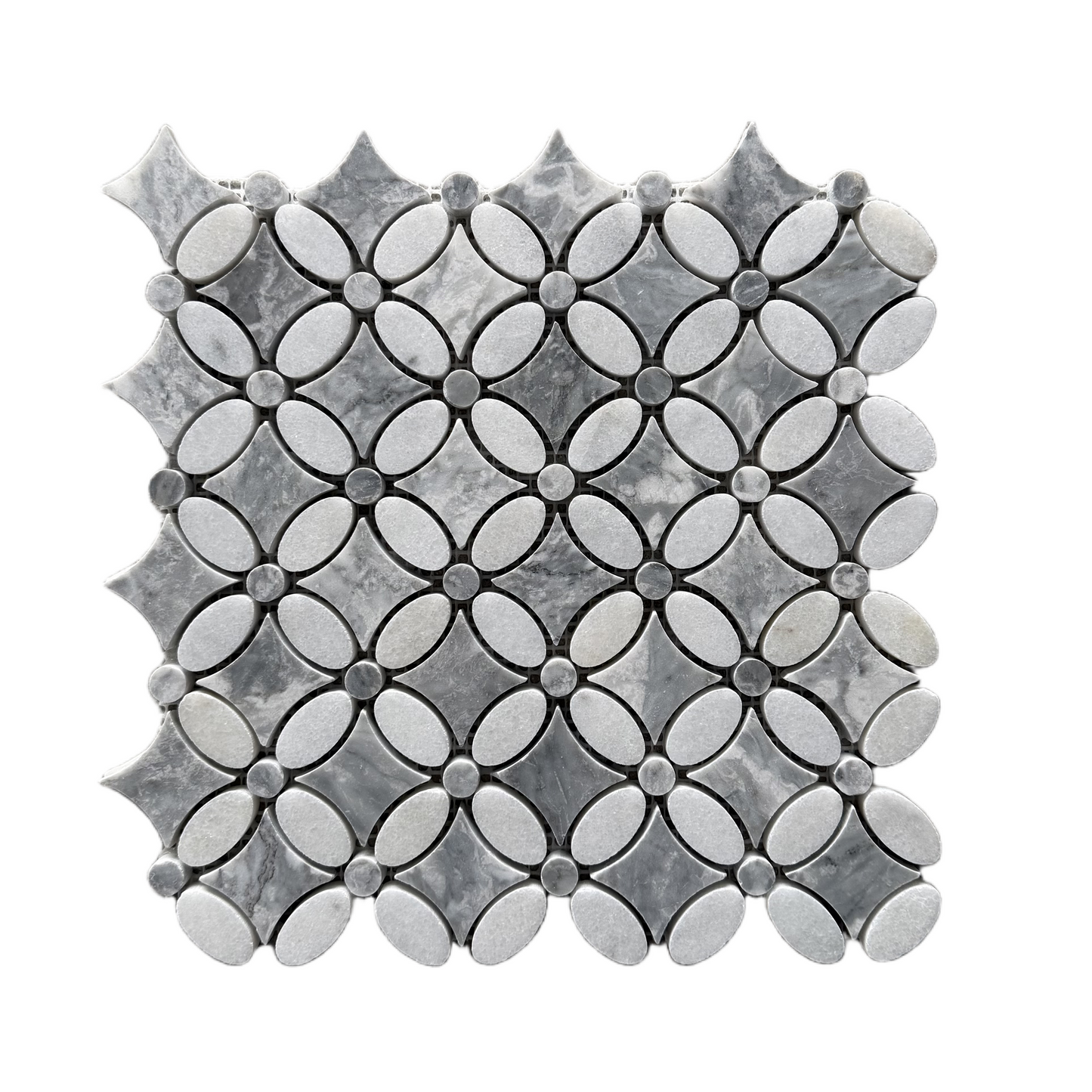 Carrara White – Platinum Grey Polished Marble Flower Mosaic Tiles