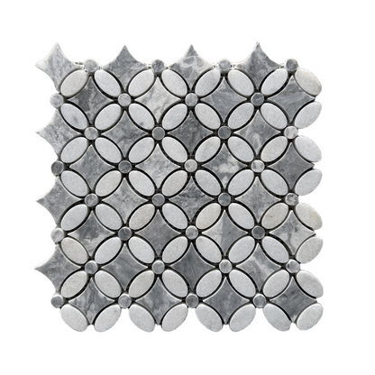 Carrara White – Platinum Grey Polished Marble Flower Mosaic Tiles