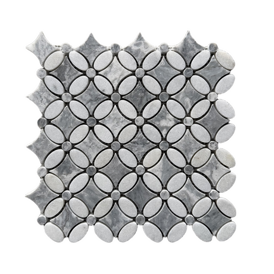 Carrara White – Platinum Grey Polished Marble Flower Mosaic Tiles
