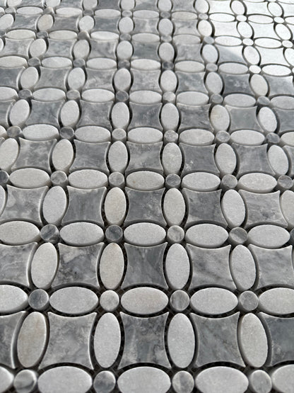 Carrara White – Platinum Grey Polished Marble Flower Mosaic Tiles